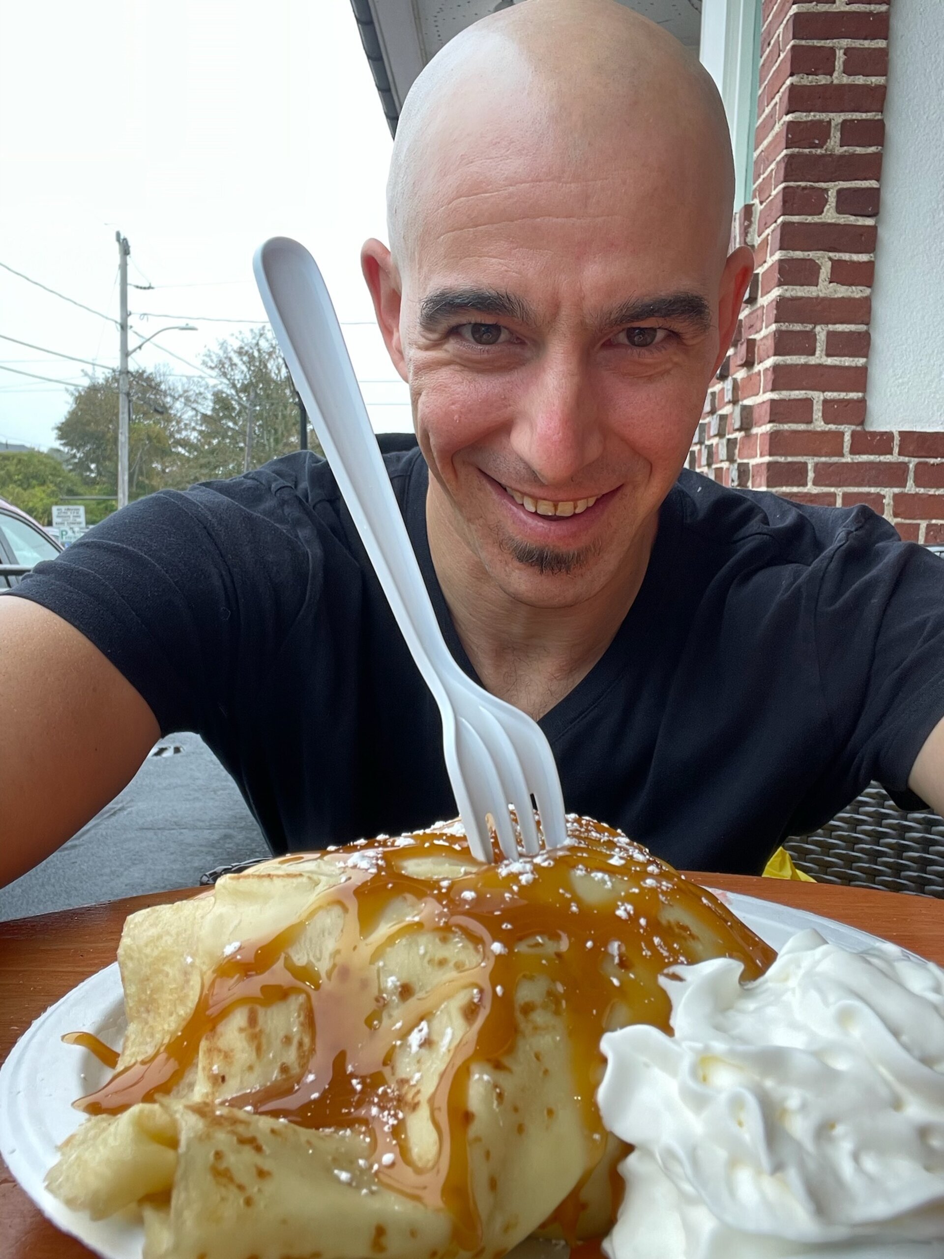 Brick Block Ice Cream and Crepe Shop. Chatham MA. Crepe w/ 3 scoops of Ice Cream, Carmel Sauce, Strawberries, Whipped Cream. This place is phenomenal. (Actually all the ice cream in Chatham is good) 10.7.23.