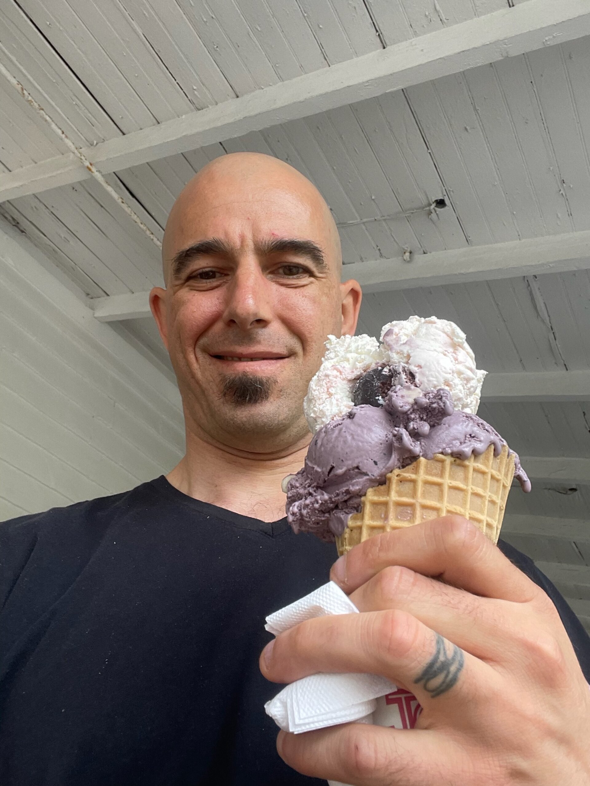 Schoolhouse Ice Cream. Harwich Port MA. Sharks tooth - Blueberry w/ White Chocolate Chips & Bada Bing - Vanilla w/ Bing Cherries. 6.30.24.